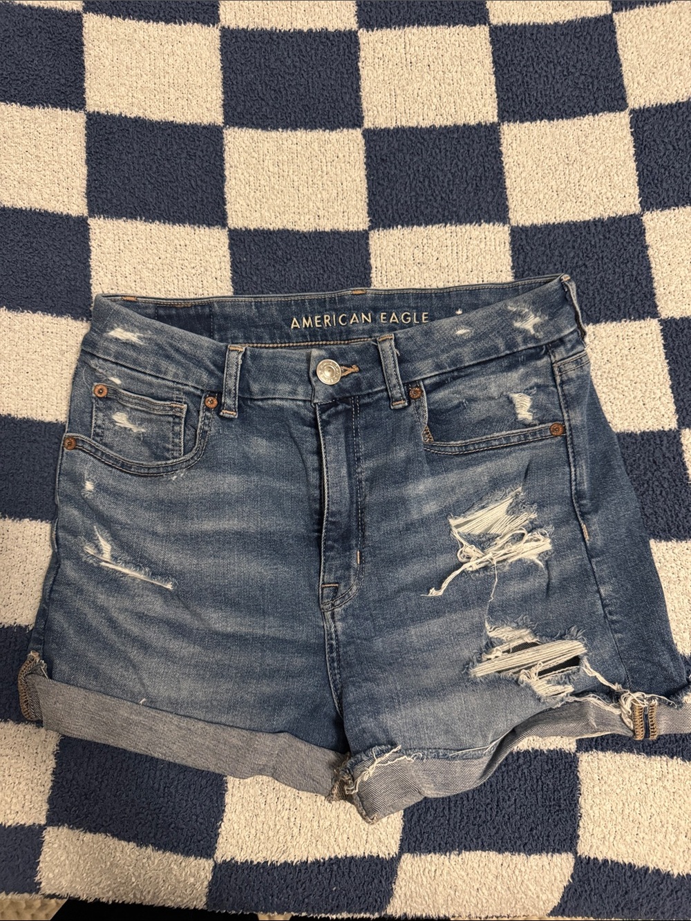 American Eagle Outfitters Super Stretch Distressed Blue Denim Rolled-Hem Shorts